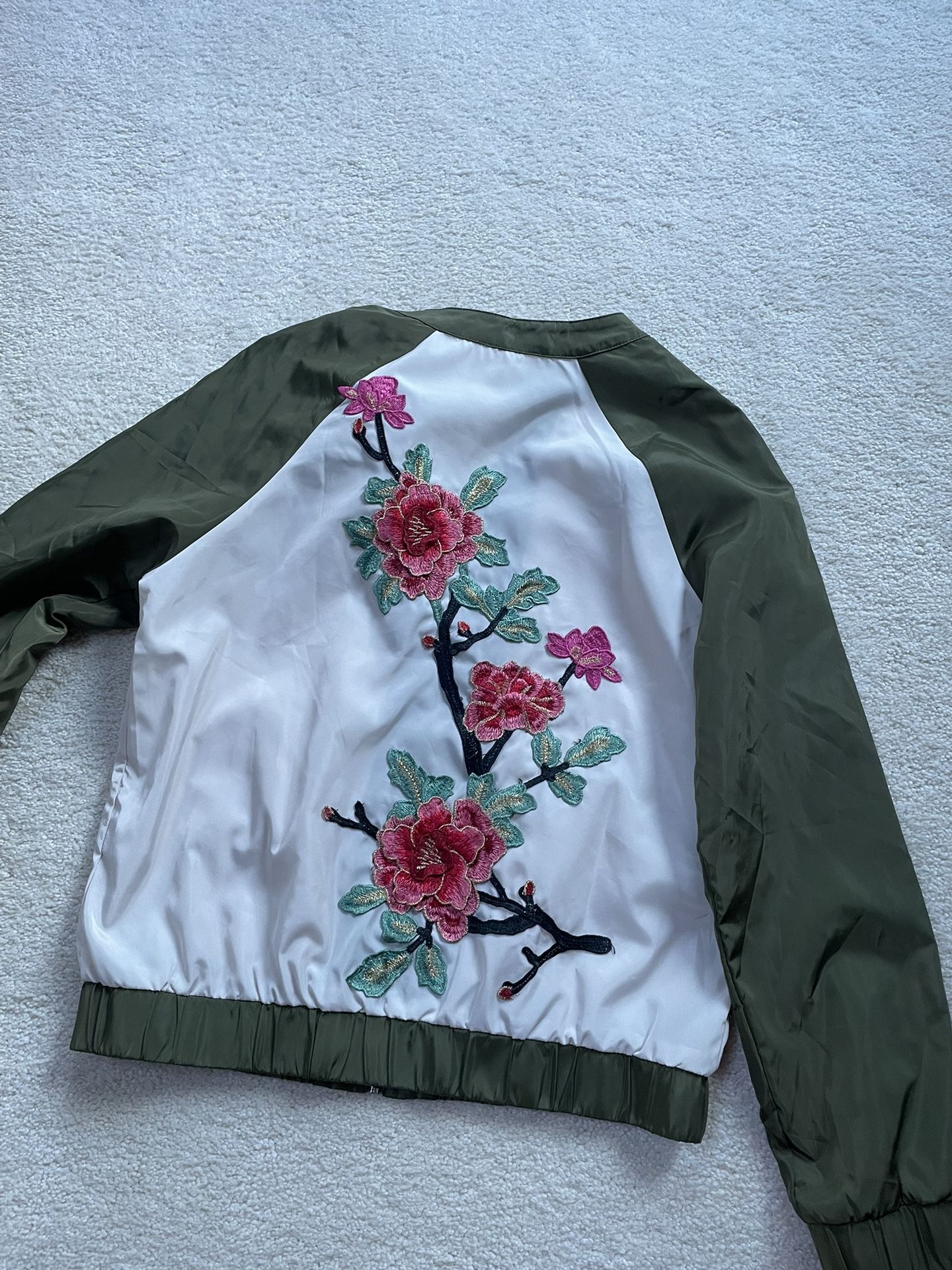 Floral Print Green And Embroidered Designer Bomber Jacket Size Large
