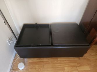 Brown Leather Storage Ottoman Bench with Reversible Serving Trays