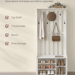 Hall Tree with Bench and Shoe Storage, Coat Rack with Shoe Bench, 7 Double Hooks for Jackets, Hats, Entryway, Bedroom, Living Room, 13.8 x 31.9 x 70.9