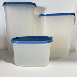  Tupperware  Set of 3 Vintage Tupperware Oval Modular Mates in Various Sizes, Blue Lids