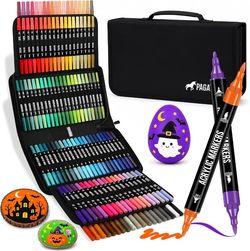 Pagather Acrylic Paint Markers, 120 Colors Dual Tip Fine & Brush Pens Set For Rocks, Fabric, Wood, Glass & More, Perfect for DIY Crafts and Creative A
