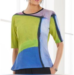 andrea GEER Abstract Colorblock Short Sleeve Top - Green & Blue