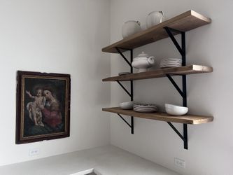 Solid Beam Wood Shelves Custom Metal Brackets