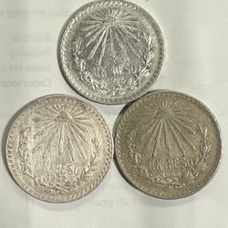 Lot Of 3 .720 Mexican Peso Silver Coins 
