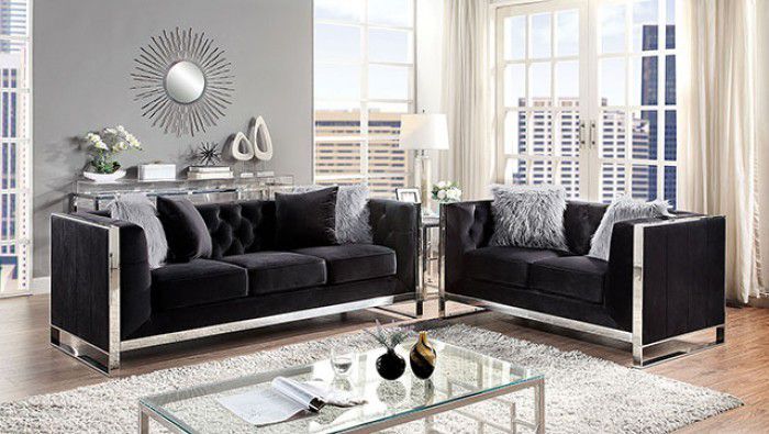 Brand New Black Flannelette Linen Glam Sofa + Loveseat 2PCs Set