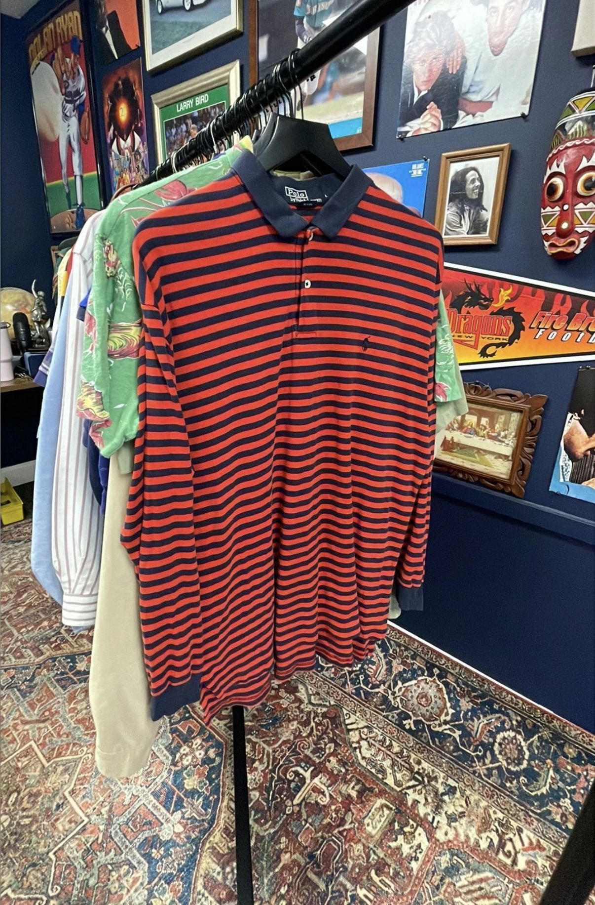 (L)23.5x28 Navy & Red Striped LS Polo Shirt