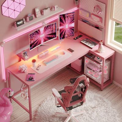Bestier 58.07-in W Pink Computer Desk with Power Outlet and Monitor Stand