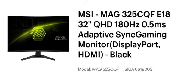 MSI MAG 325CQF E18 – 32" Curved QHD 180Hz Gaming Monitor