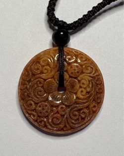 RED Moire Jadeite Jade DONUT PENDANT NECKLACE Adjustable Necklace 1206