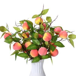 Daifunli 10 Pcs Artificial Peach Branches Realistic Artificial Peach Fruits With Green Leaves Simulation Branches Decoration For Vase Home Party Decor