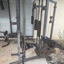 Smith Machine And Bench With Assorted Plates And Dumbbells 