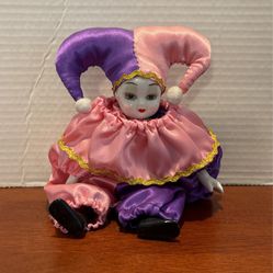 Pink And Purple Jester with ceramic head Hands And Feet, 9“ X 8“ Great Condition B23