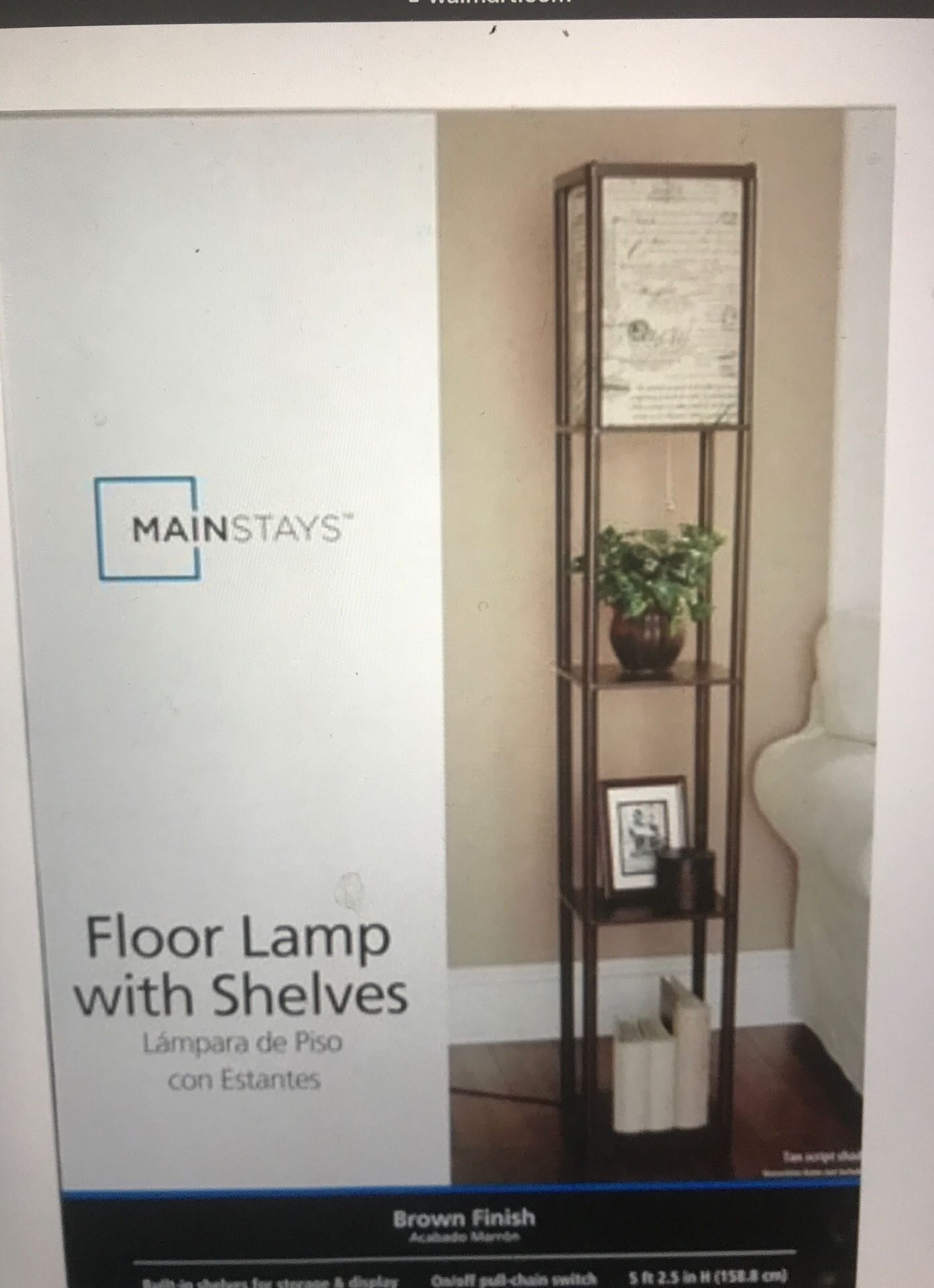 Floor lamps brown with shelf’s and script shade.