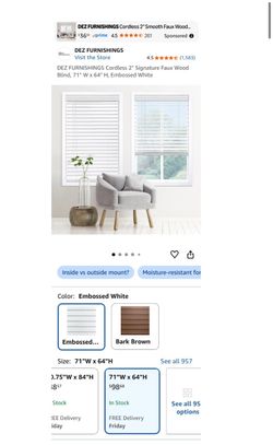 Cordless 2" Signature Faux Wood Blind, 71" W x 64" H, Embossed White (wb20)