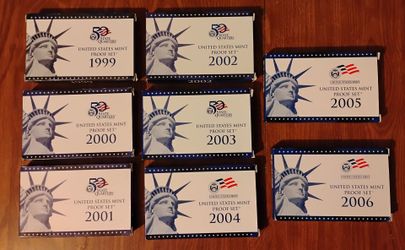 United States Mint Proof set  coins from 1999 to 2006 by US mint with certification of authenticity COA