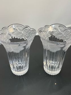 Pair of Crystal Glass Vases with Rose Detail