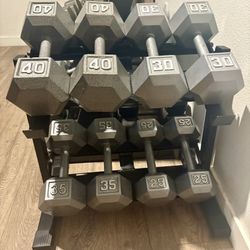 Set Of Heavy Hex Cast Iron Dumbbells  In NEW CONDITION Total: 260 lbs (NO  RACK)