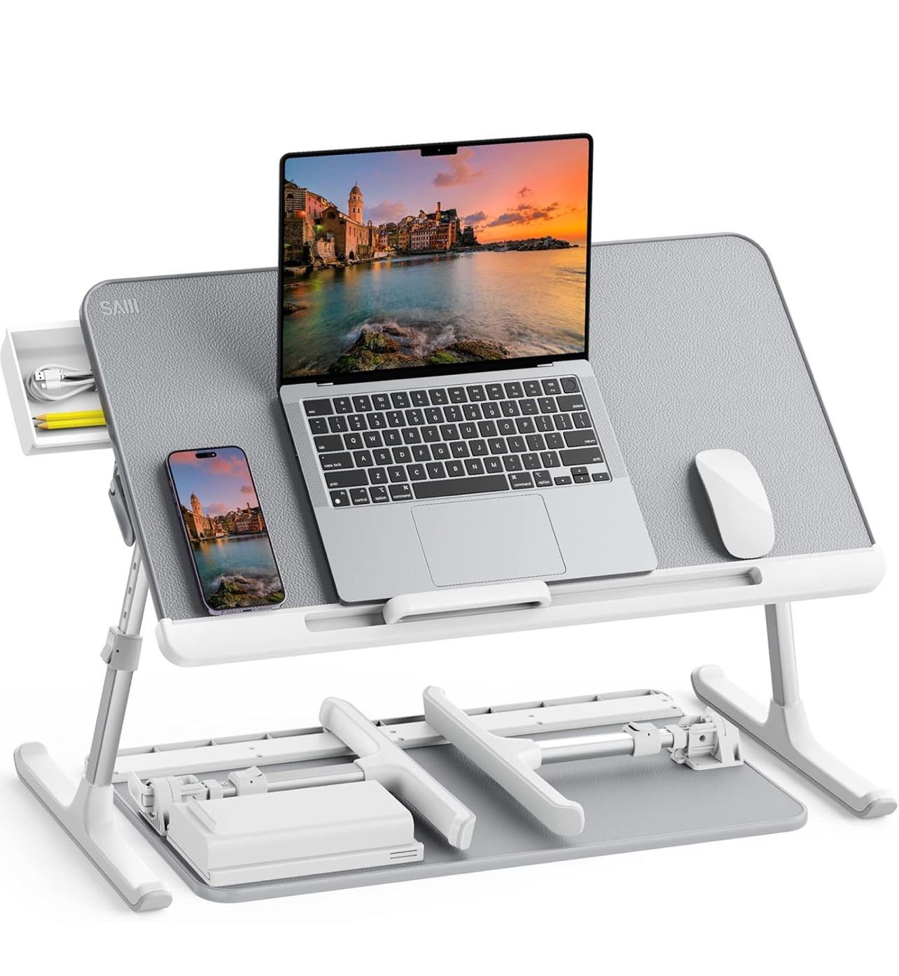 SAIJI Laptop Bed Tray Table, Adjustable PVC Leather Laptop Bed Table, Portable Standing Desk with Storage Drawer, Foldable Lap Tablet Table for Sofa C