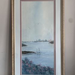Vintage San Francisco Bay Watercolor Cityscape With Sailboats, 1994