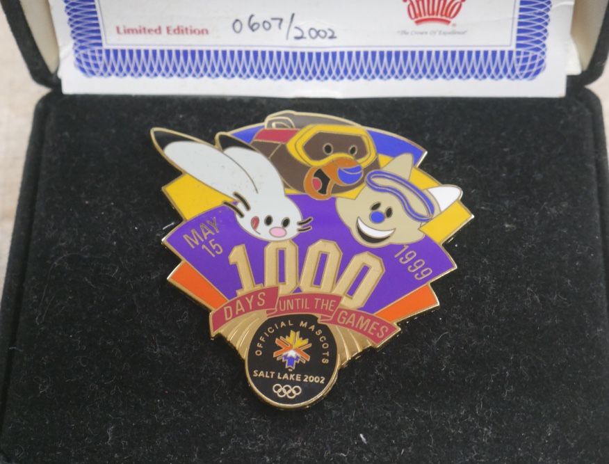 2002 Salt Lake City Mascots 1000 Days Olympic Games Mark Pin WITH COA AND BOX  