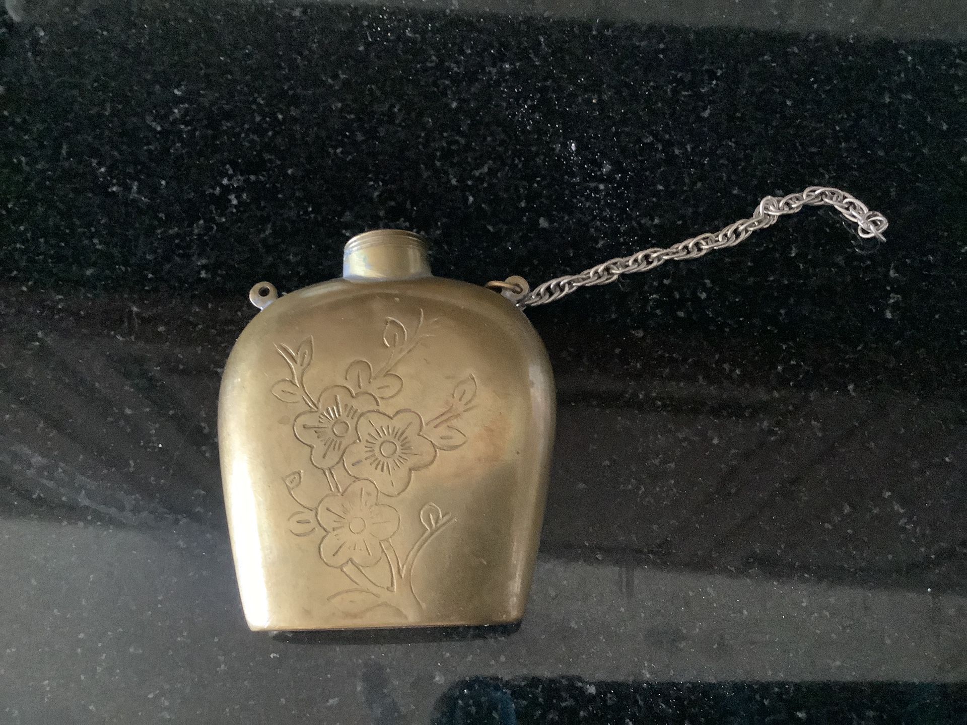 3.75'' Antique Tibetan Bronze Snuff Bottle Engraved Flowers No Top W Chain Vintage 