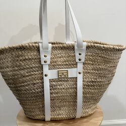 FRAME Made In Italy Large Straw Tote Bag with White Leather Handles