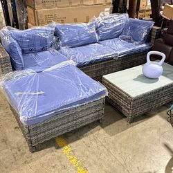 5 Pieces Outdoor Patio Furniture Set, All Weather PE Gray Wicker Rattan Sectional Furniture Set with Coffee Table, Navy Blue