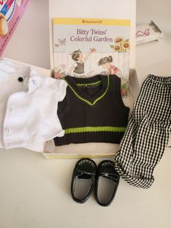 American Girl Bitty Baby Gingham Pants Set F9165 Complete Outfit Shoes Book Box