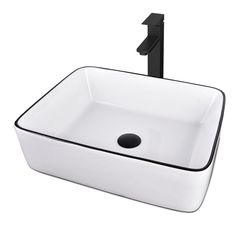 White Ceramic Bathroom Sink, 19" × 14.5"X5.5" Above Counter Porcelain Vessel Sink with Black Faucet and Pop up drain Combo, Rectangle Brand New still 