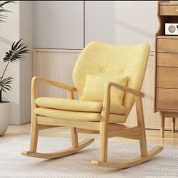 Solid Wood Rocking Chair Lazy Rocking Chairs High-Back Cushioned Rocking Chairs Living Room Rocking Chairs with Linen Cushion - Yellow