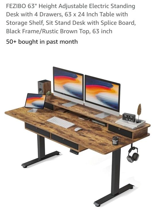 63" Height Adjustable Electric Standing Desk with 4 Drawers, 63 x 24 Inch Table with Storage Shelf, Sit Stand Desk with Splice Board, Black Frame/Rust