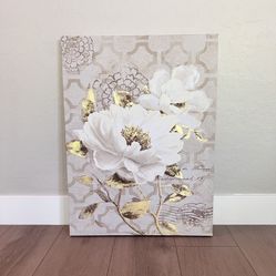 32x24 Large Floral White/Taupe/Gold Canvas Wall Art- Cavas Wall Decor