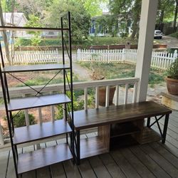 🪑 Rustic Brown TV Stand + 5-Tier Bookshelf Set (Lightweight / Like New)