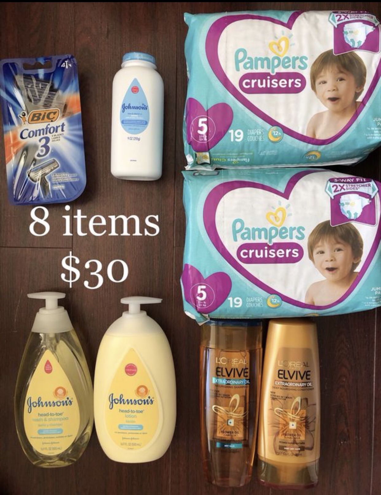 2 Pampers Diaper (Size 5 or 6 available), 2 L’Oréal Shampoo & Conditioner, 1 Bic Razors: 8 items $30