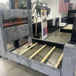 New Bed With 3D Fireplace/TV Stand/Bluetooth Audio.  Grey Or Black.  Free Delivery!