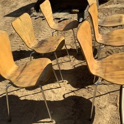Set of 6 Wooden Dining Chairs Curved Seat Metal Legs Mid Century Style   ( all for $50 )