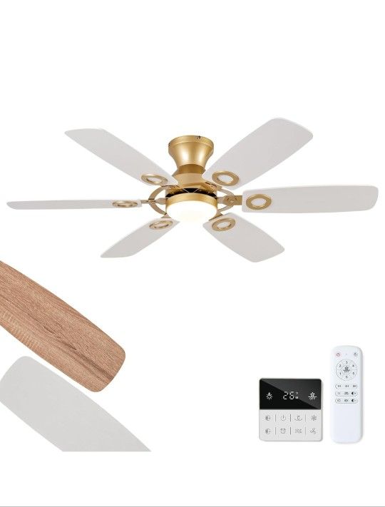 48 Inch White Gold Ceiling Fans with Lights and Remote, Low Profile Flush Mount Modern Ceiling Fan with Light, 6 Blades, Dimmable, Reversible DC Motor