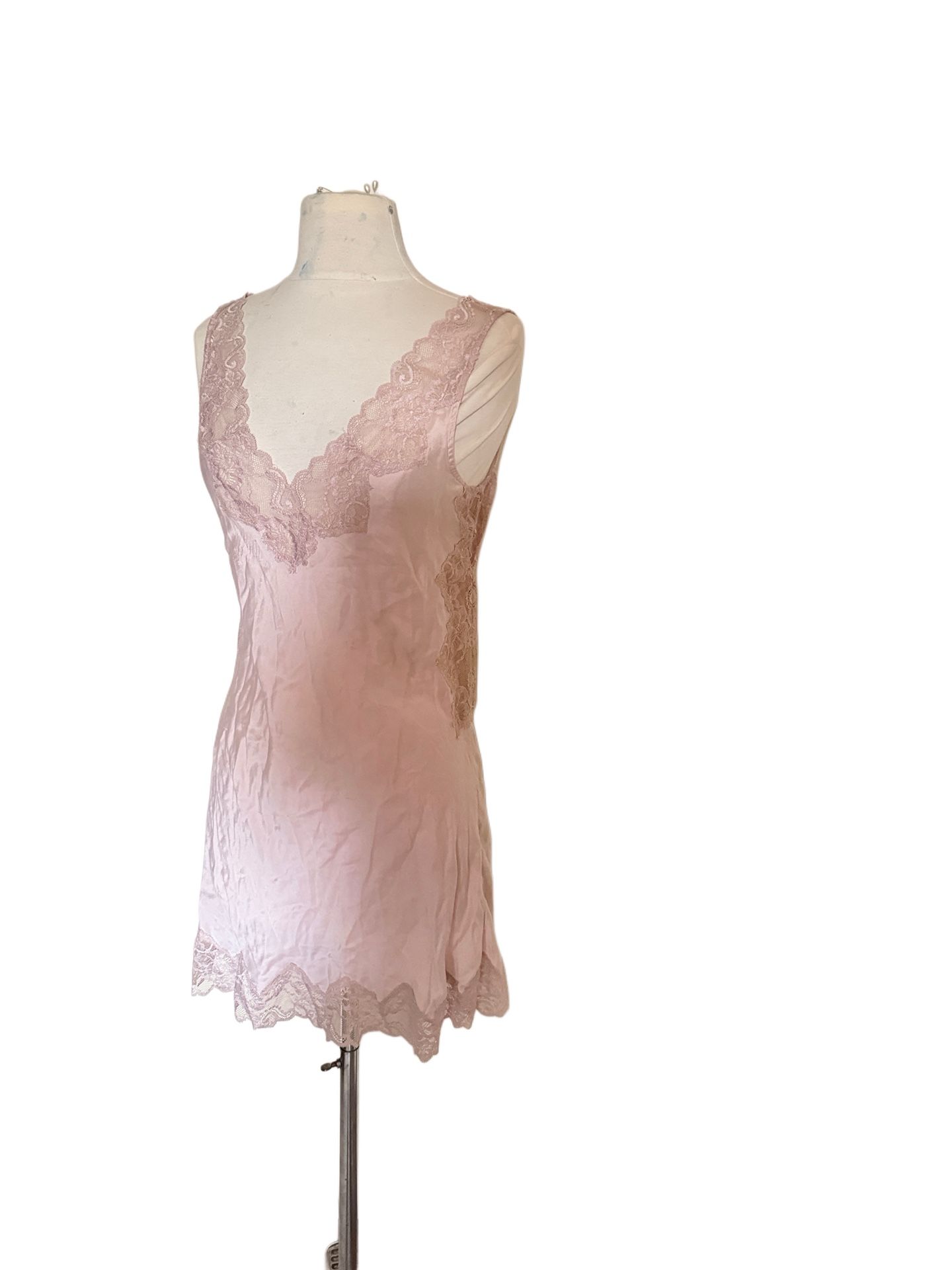 Vintage neiman Marcus 100% silk pink mini Lace Slip Dress nightie lace sides M
