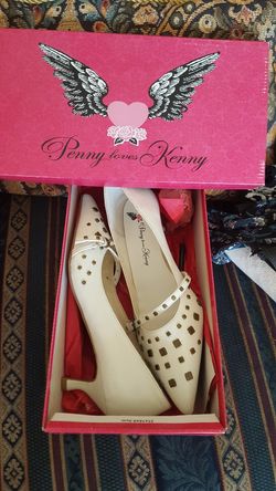 Off white kitten heel shoes with metal studwork