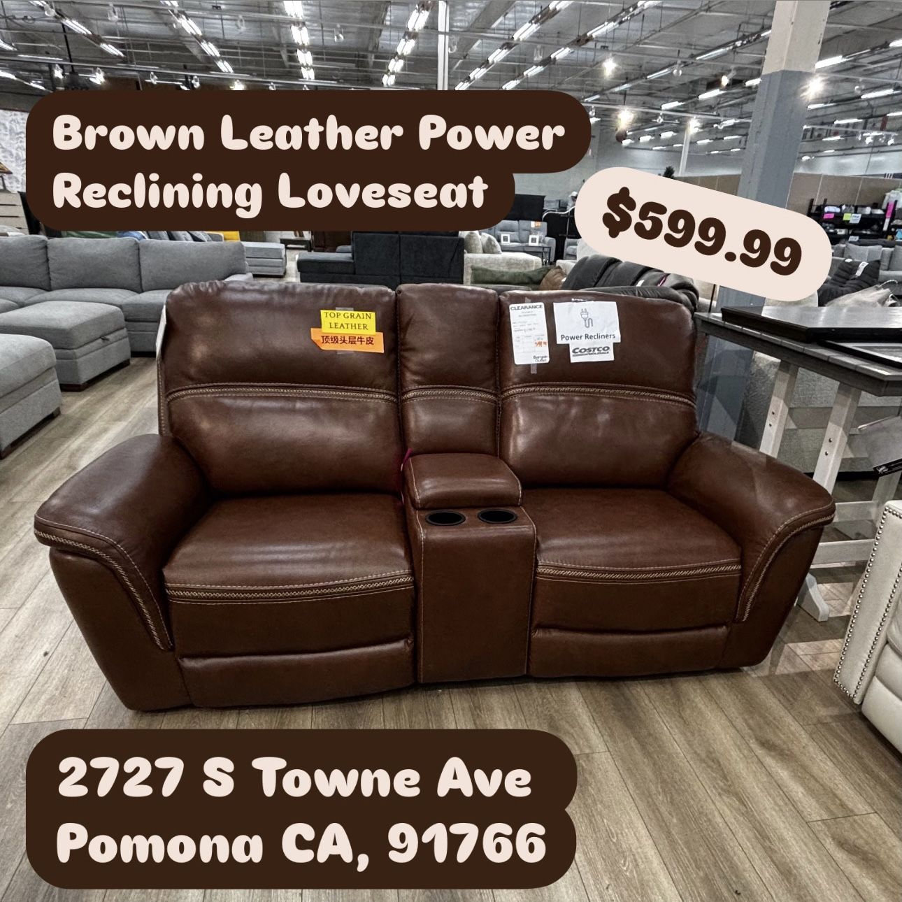 Brown Leather Power Reclining Loveseat