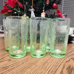Set Of 6 Hand Blown Green Bubble Tumblers