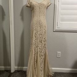 Long Beige Lace Dress, Size Small