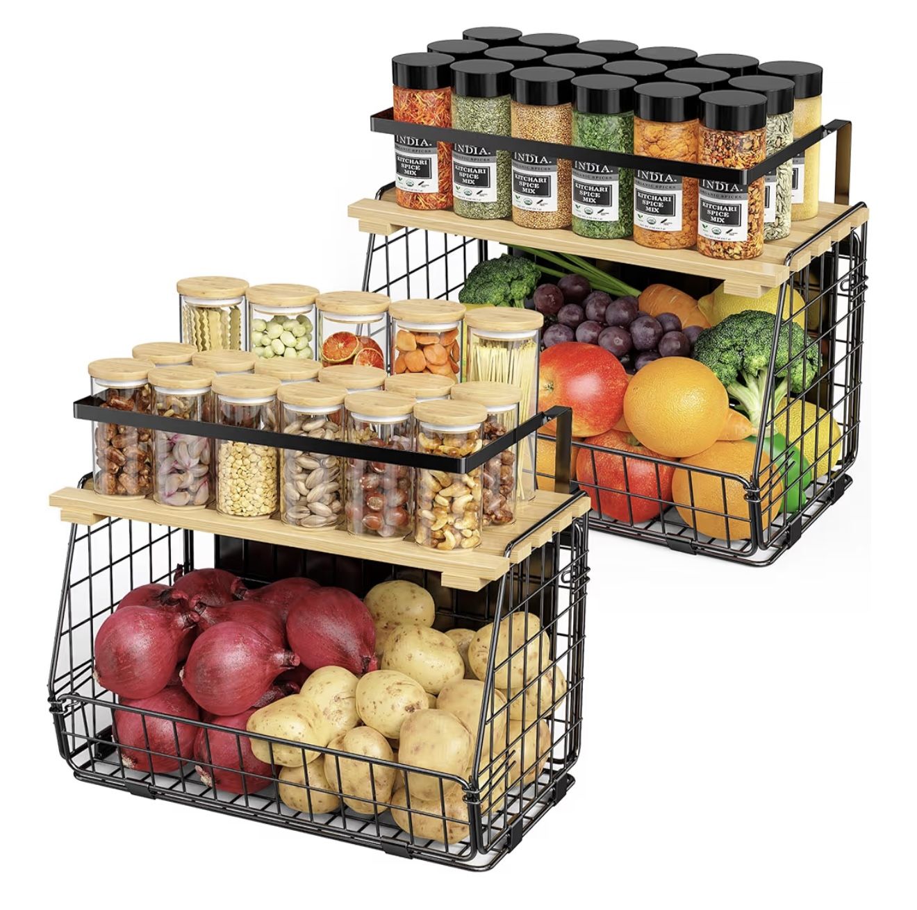 Magnetic Wire Basket Kitchen Rack with Wooden Shelf, Black White, 2-Tier