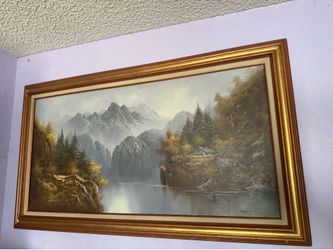Vintage Signed R. Boren Landscape Painting – Large Framed Mountain Lake Scene