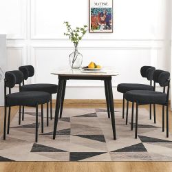 Black Boucle Dining Chairs Set of 4, Mid Century Modern Dining Room Chairs with 3.94“ Cushions, Round Upholstered Kitchen Chairs with Black Metal Legs