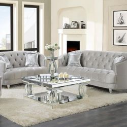 New Avonlea 2 PC Sloped Arm Sofa Set Grey Velvet