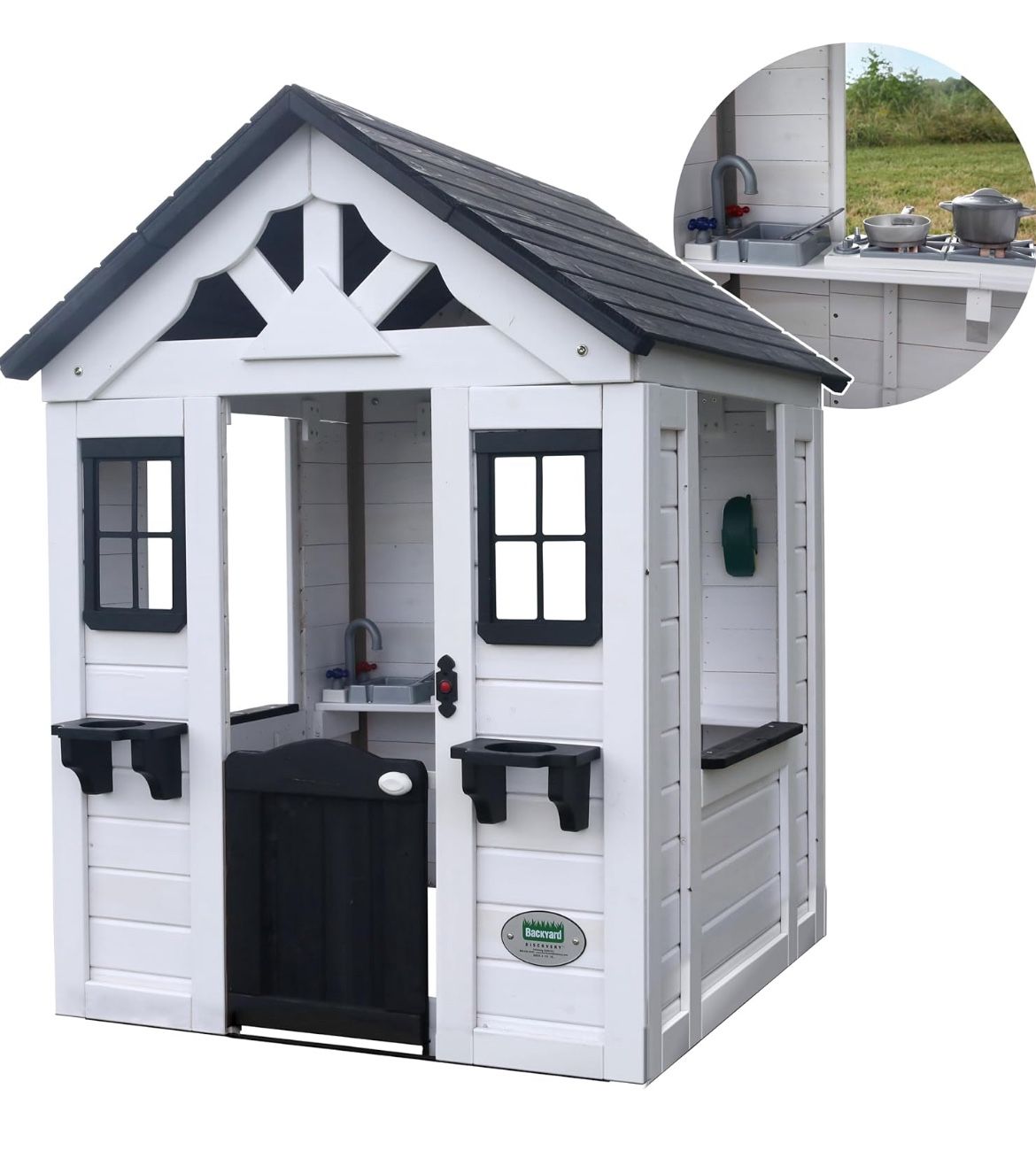Backyard Discovery Sweetwater White Cedar Wooden Kids Playhouse Cottage with Play Kitchen, Snack Bar, Half Door, Toy Phone, Windows, Flowerpot Holders