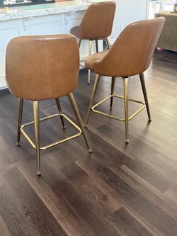 Set of 2 Cognac Counter Stools with Brass Legs
