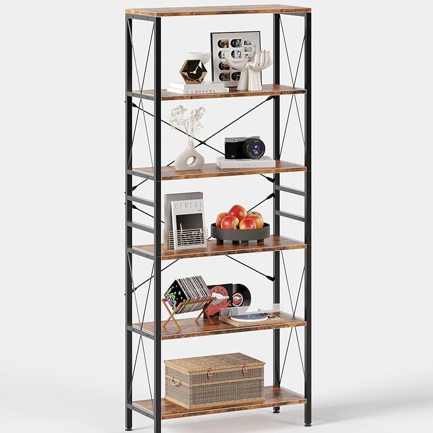 ALISENED 5-Tier Bookshelf, Industrial-Style Bookcase Shelf, Narrow Shelf Vintage-Style Storage Organizer, Suitable for Home Offices, Living Rooms, and