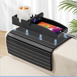 Joy&Grace Couch Cup Holder, 3-in-1 Magnetic Detachable Couch Arm Tray, Bamboo Sofa Armrest Table with Anti-Slip Pad, Sofa Armrest Tray Table (Black) A